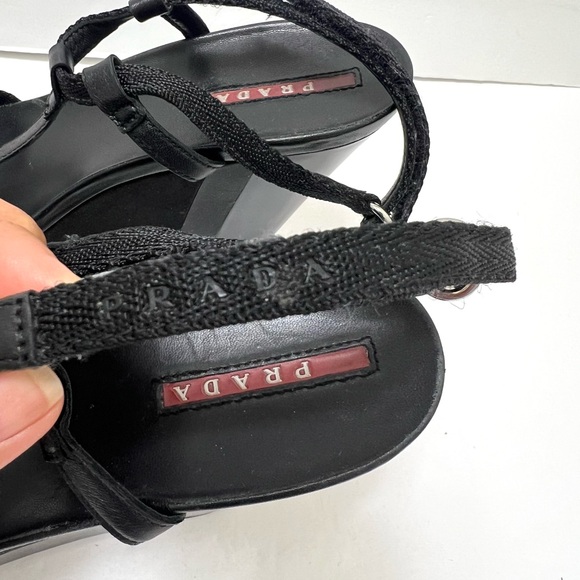 Prada Platform T Strap Wedge Heel Sandal Patent Leather Black EU 40 US 10 - Picture 6 of 15